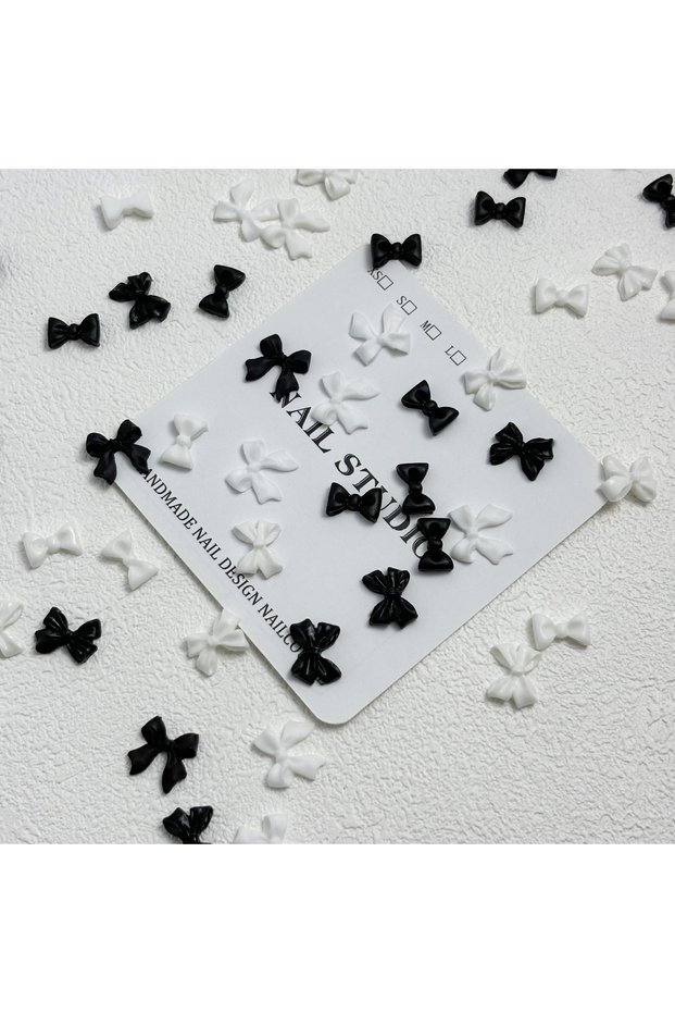 50pcs Classic Black White Nail Art Accessories Bow Rice White Bow Tie Nails 3D Decorations Diamond N