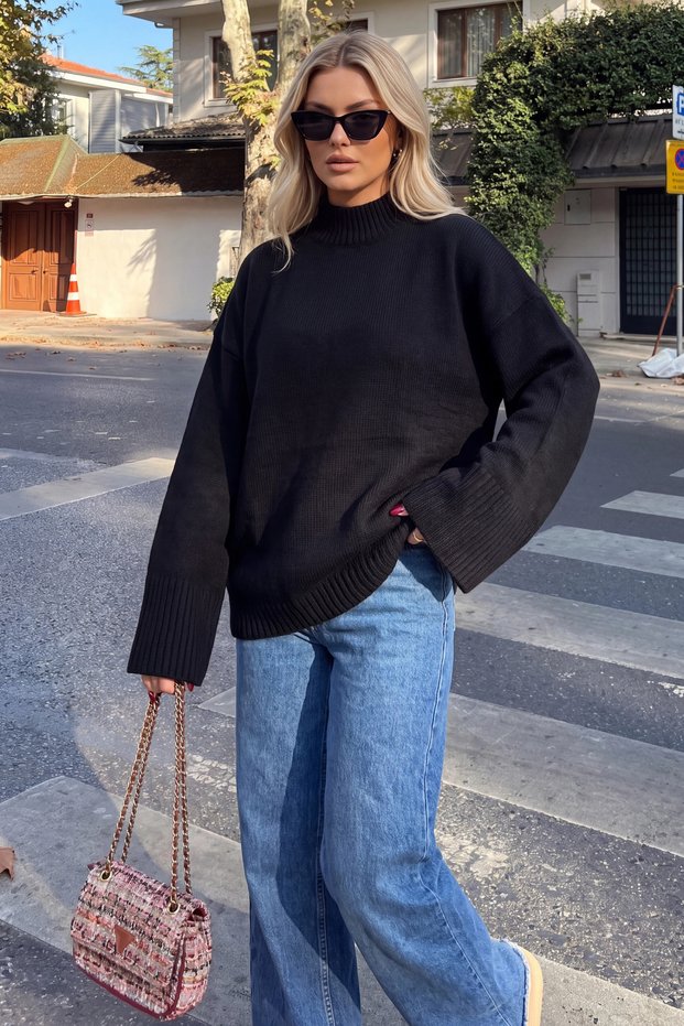 Women's Black Wool Blend Oversize Wide Sleeve Sweater
