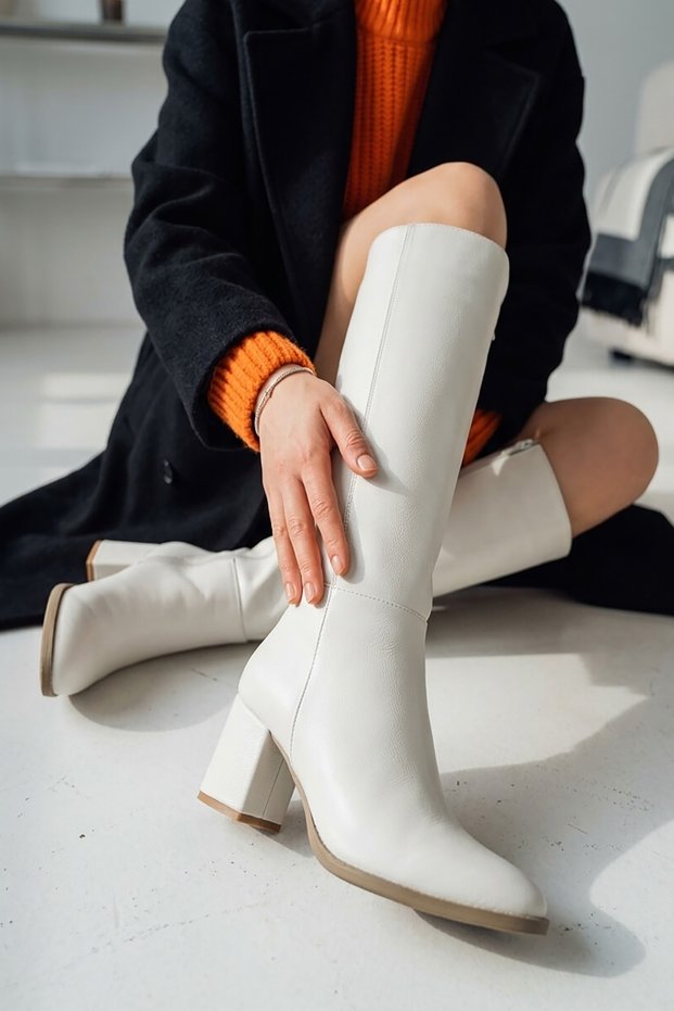 Despina White Leather Heeled Boots (5 cm Heel) Side Zipper Daily Use Boots