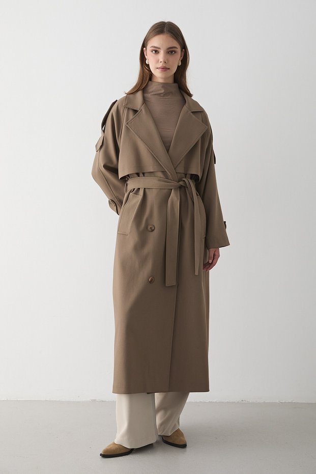 Women's Khaki Double-Breasted Collar Belted Long Trench Coat