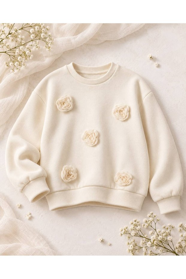 Girl's Appliqued Rose Detailed Cream Color Sweatshirt Rose Cream Color Sweatshirt