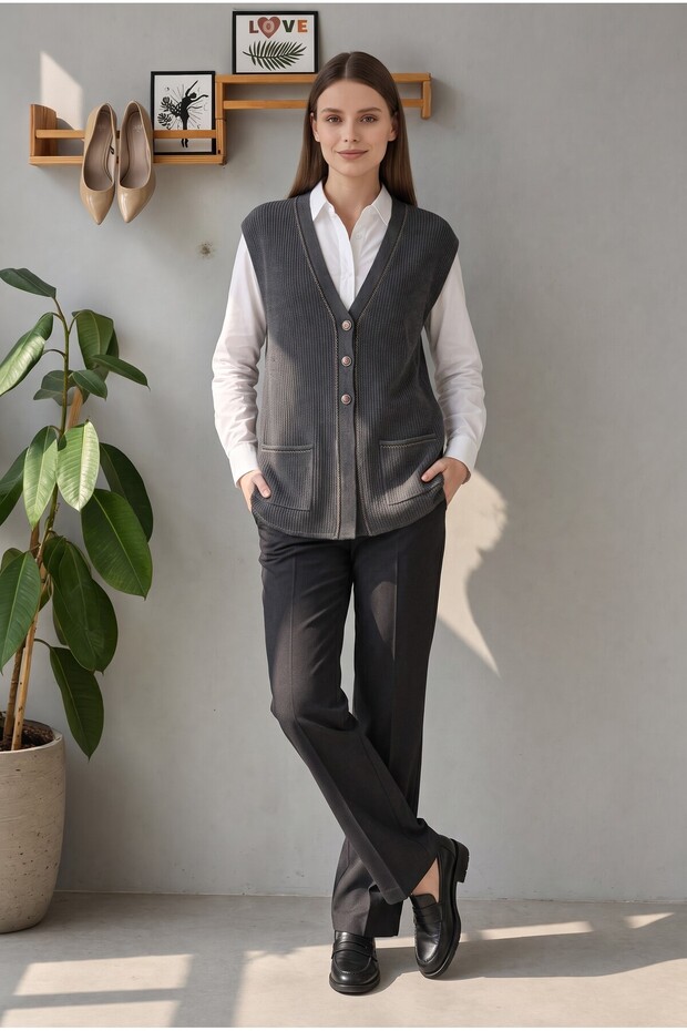 Short Ethnic Pattern Vest with Pockets and Buttons, Large Size Vest
