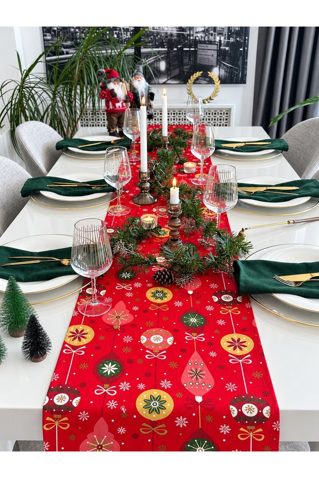 New Year Themed Red Patterned Runner Christmas Runner (Napkin Not Included)