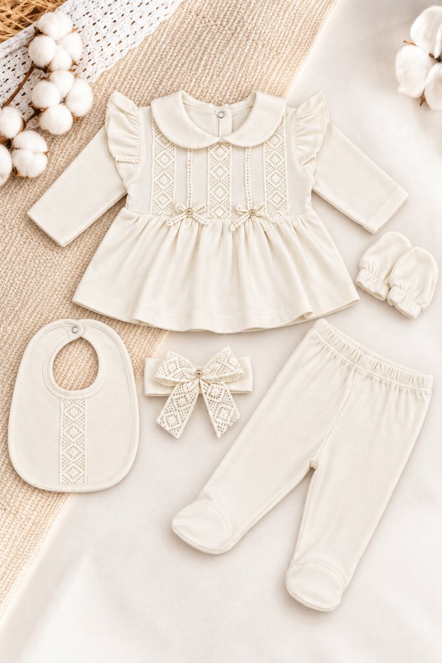 Baby Girl Scalloped 5-Piece Hospital Discharge Set Newborn 0-3 Months 100% Cotton 5-Piece