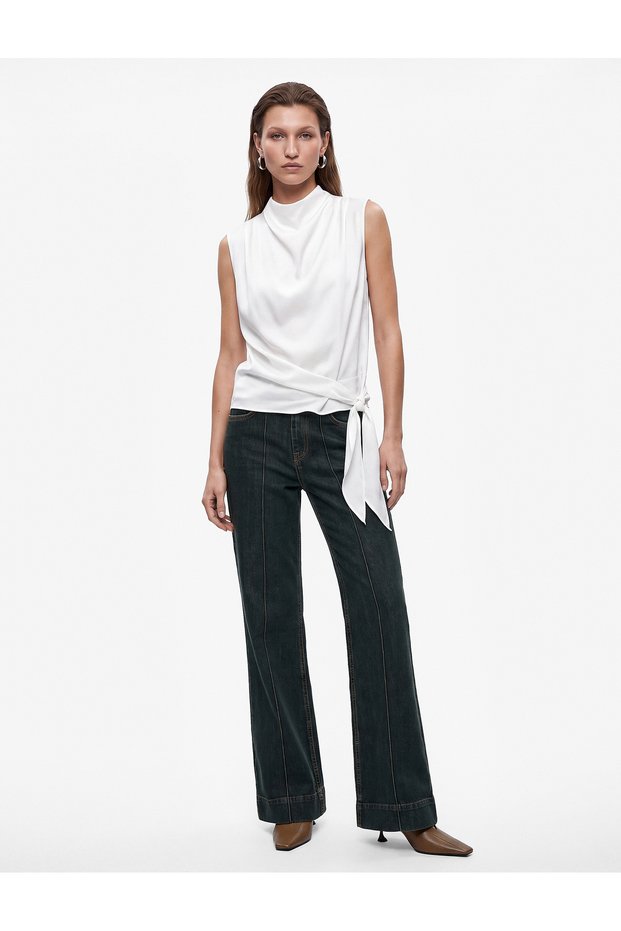 Tie-Waist Draped High Neck Sleeveless Padded Satin Blouse