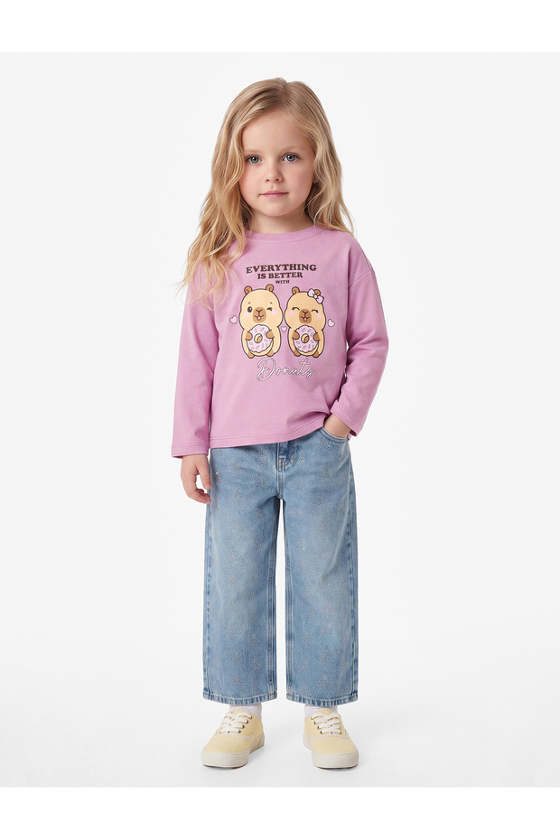 Crew Neck Cotton Teddy Bear Printed Long Sleeve T-Shirt