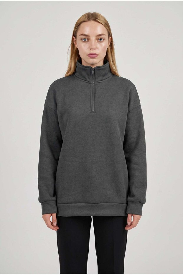 Women's Anthracite Turtleneck 3 Thread Fleece Inside Ribbed Oversize Sweatshirt