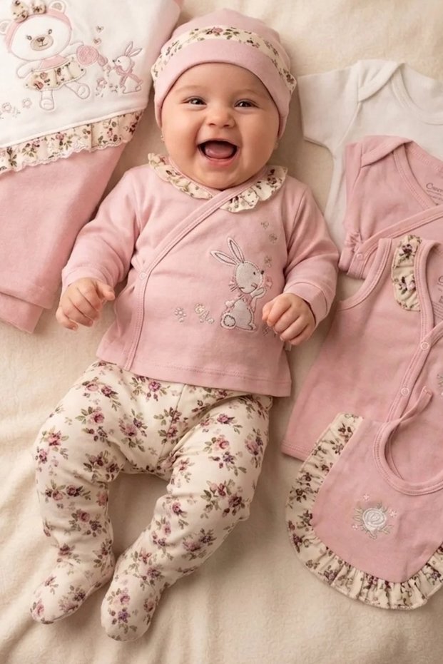 Baby Girl 0-3 Months Flowered Rabbit Set of 10 100% Organic Cotton