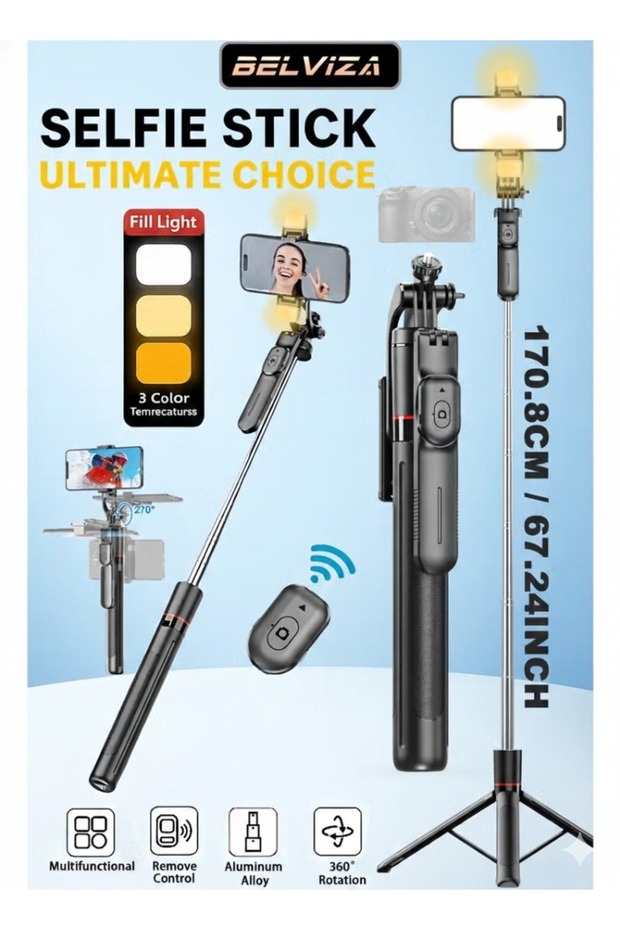 170CM Phone Tripod with 2 LED Fill Lights & Bluetooth Remote, Adjustable Selfie Stick and Mobile Stand for iPhone & Android