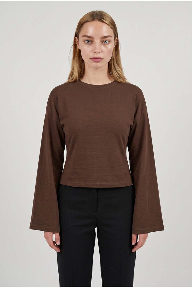 Women's Brown Crew Neck Waist-Fitted Spanish Long Sleeve Blouse