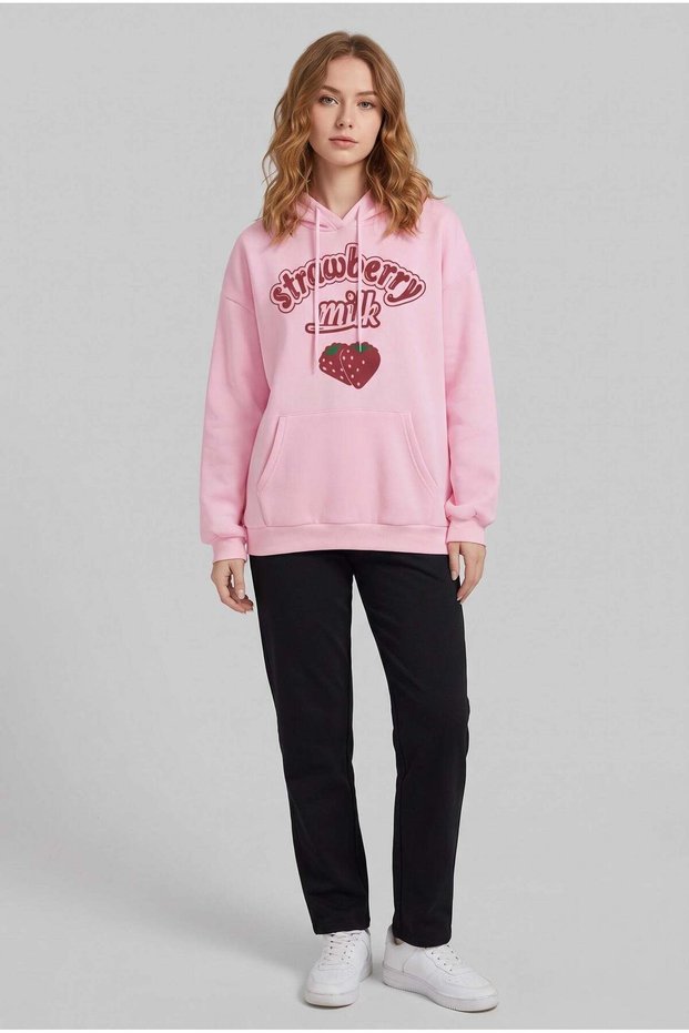 Women's Pink Strawberry Printed 3 Thread Threaded Hooded Kangaroo Pocket Oversize Casual Hoodie Sweatshirt