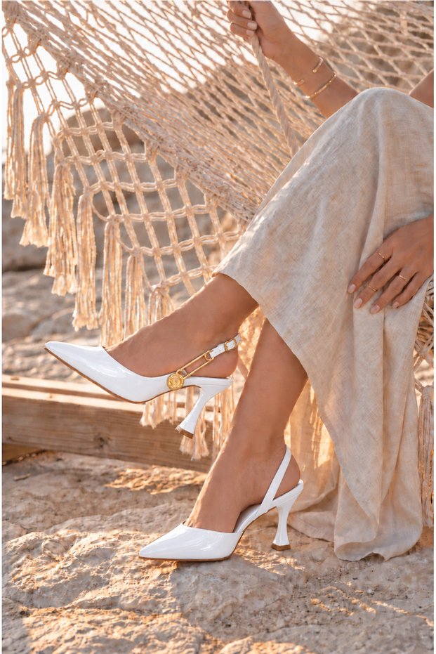 Women's White Patent Leather Pointed Toe High Heeled Shoes with Noble Gold Accessories