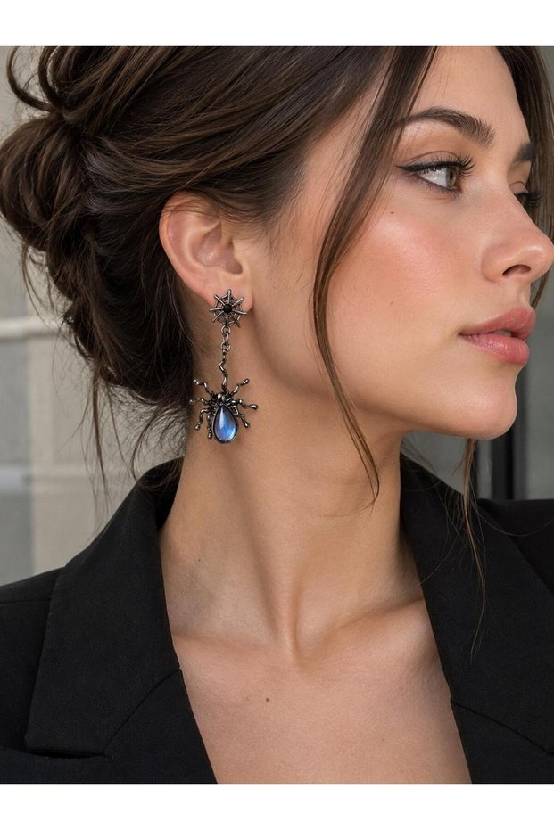 Blue Stone Dangle Steel Earrings with Spider Figure