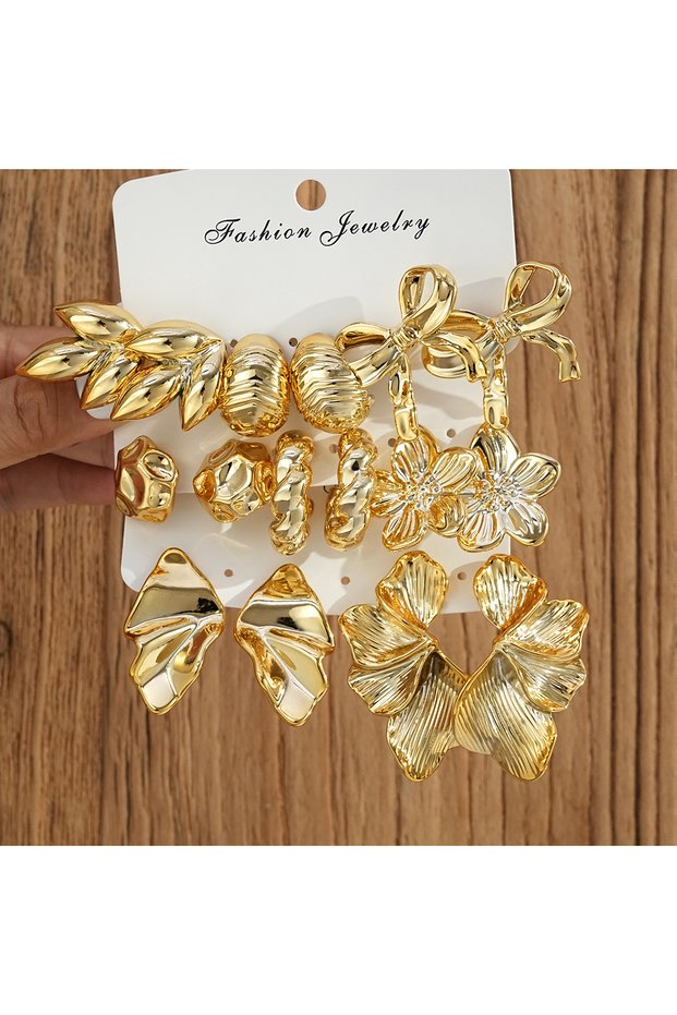 AYA6716701 8 Pairs Gold Color Exaggerated Earrings Set For Women Fashion Bow Flower Leaf Stud Hoop E