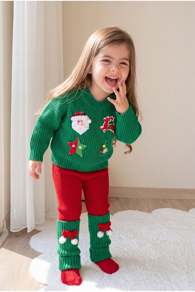 Girl's 3-Piece Christmas Knitwear Set Hooded Sweater Leggings Red Ecru Set