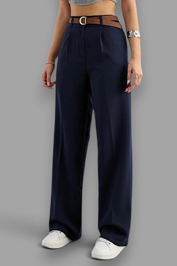 Women's High Waist Belt Detailed Elastic Waist Casual Palazzo Fabric Trousers [Belt Not Included]