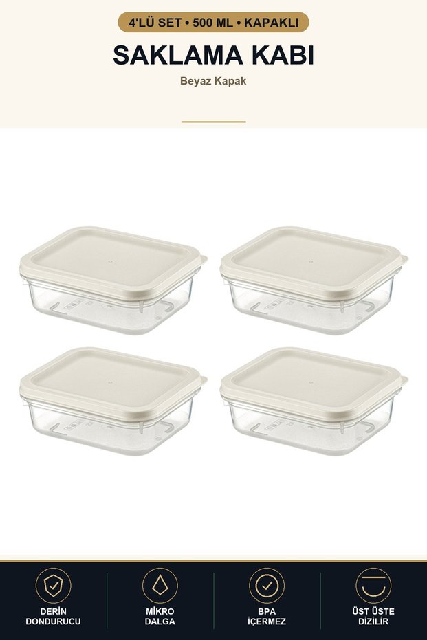 4-Piece Storage Container 500 ml with Lid Refrigerator Freezer Microwave Compatible Transparent White Lid