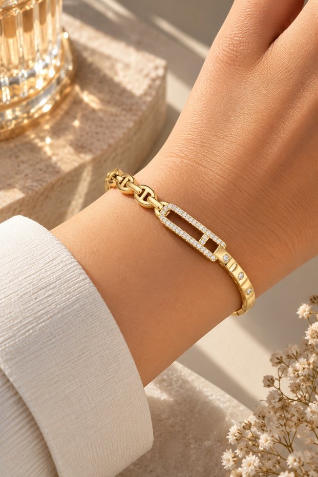 Stone Detailed Gold Steel Chain Handcuff Women's Bracelet