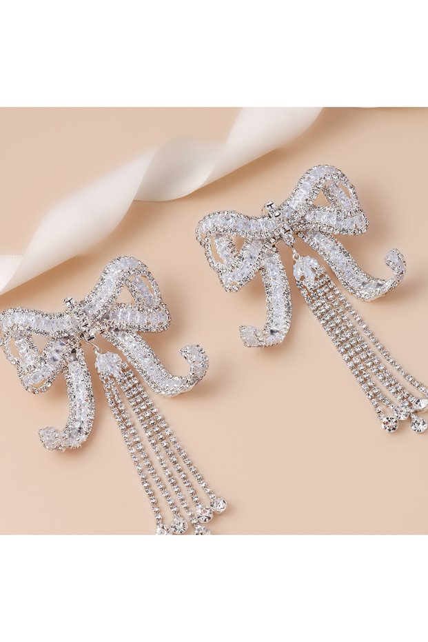 SILVER Stone Fans Fashion Large Bow Tassel Earrings Piercing Accessories Trend Geometric Crystal Ear