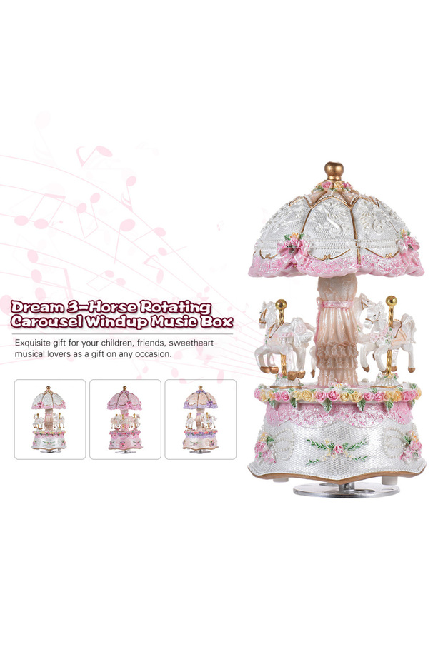 WHITE Luxury Dream 3-Horse Rotating Carousel Merry-go-round Windup Music Carousel with Colorful Colo