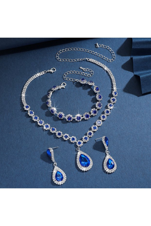 808065-Blue 4PC Women's Fashion Waterdrop Flower Necklace Earrings Bracelet Jewelry Set Wedding Part