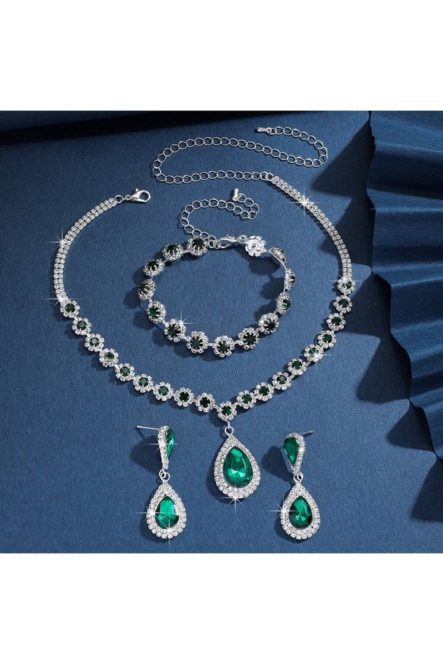 808065-Green 4PC Women's Fashion Waterdrop Flower Necklace Earrings Bracelet Jewelry Set Wedding Par