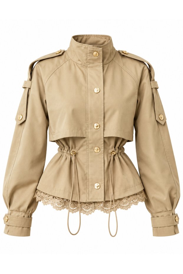 Premium Trench Coat with Lace Detail on the Back and Gathered Waist