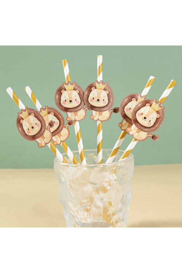 Lion 6pcs Jungle Animal Theme Party Disposable Paper Straw Stripe Birthday Party Jungle Party Decora