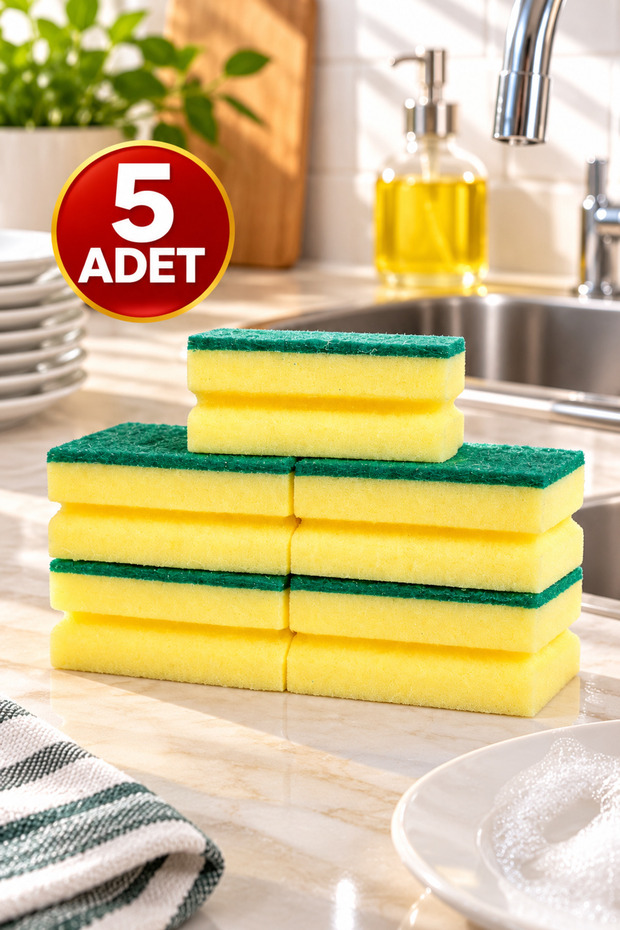 Pack of 5 π Corrugated Economical Nail-Protected Dish Sponge π Yellow Sponge π
