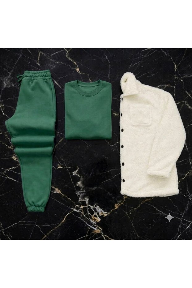3-Piece Men's Plush Shirt Sweatshirt Tracksuit Set