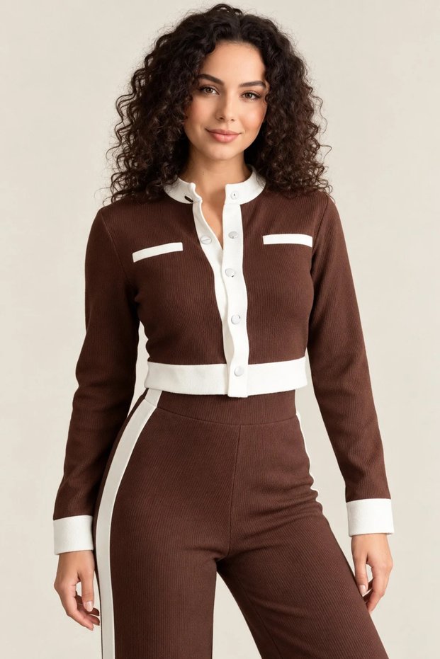 Paneled Stripe Detail Long Sleeve Crop-Pants Knitwear Cotton Women's Bottom-Top Set
