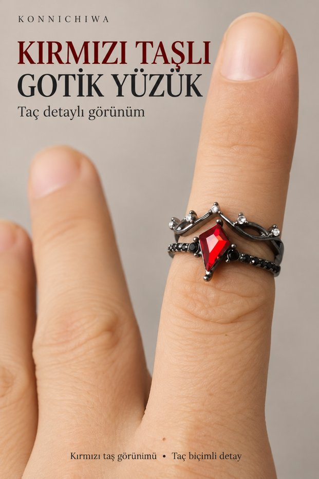 Geometric Cut Gothic Red Stone Black Ring, Size 9, a Size That Will Fit Everyone.
