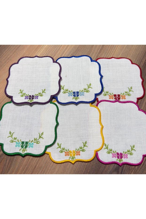 Cocktail Napkins 6 Pieces Linen Canvas Embroidered SPECIAL STAIN RESISTANT FABRIC