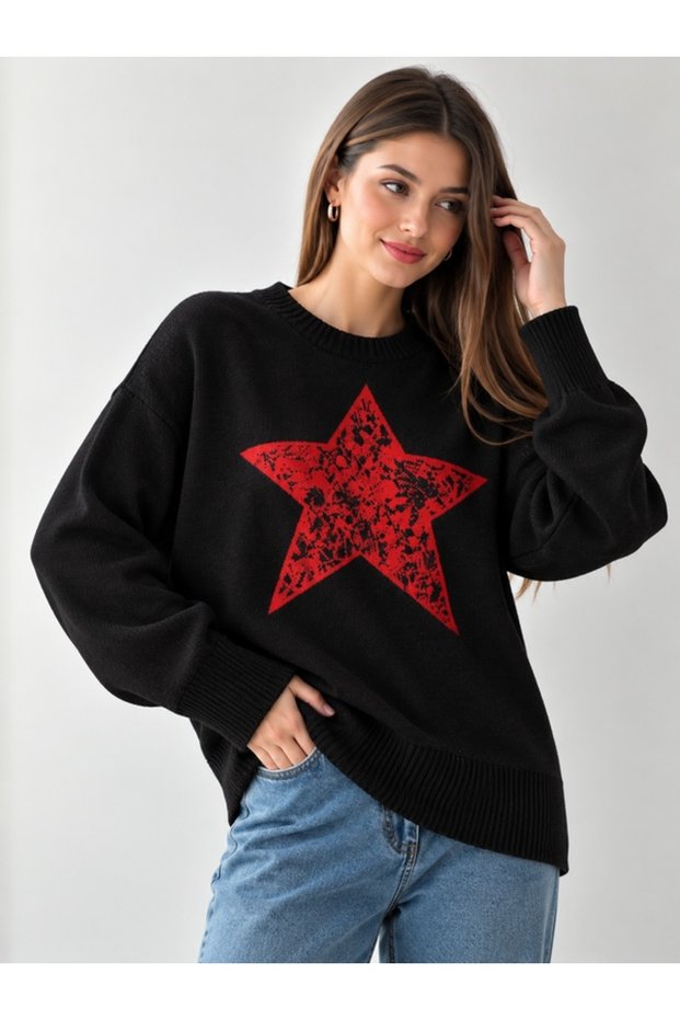 Black Crew Neck Star Patterned Oversized Women's Knitwear Sweater