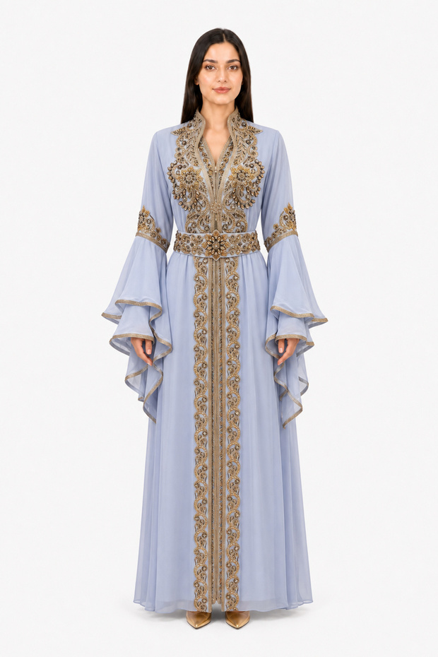 Women's Long Caftan with Hand Embellishments and Shiny Stones Work Butterfly Sleeves