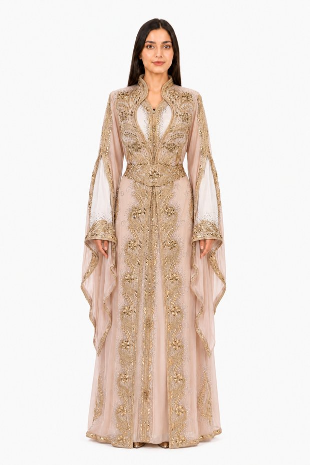 Women's Long Shiny Stone Detailed Two-Piece Kaftan