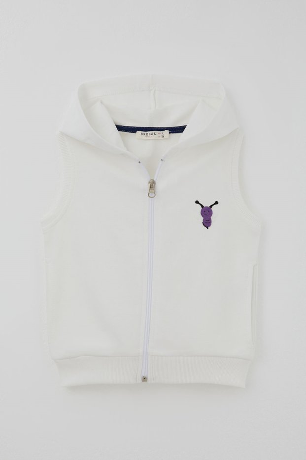 Girl's Vest with Cute Bee Embroidery and Zipper Hood, Ages 3-8, Ecru