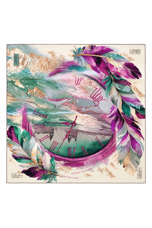 Sura Pure Silk Scarf 2719 05 Green Purple Leaf Pattern