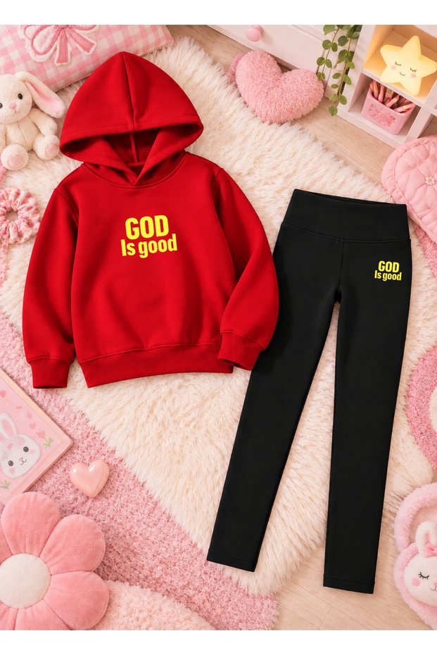 Girl's Hooded Sweatshirt, Straight-Leg Leggings Set, Printed 3-Yarn Rastered Winter Comfortable Fit Set