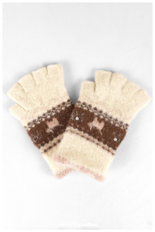 Women's Kilim Patterned Pearl Detailed Cut-Out Fingered Knitwear Gloves