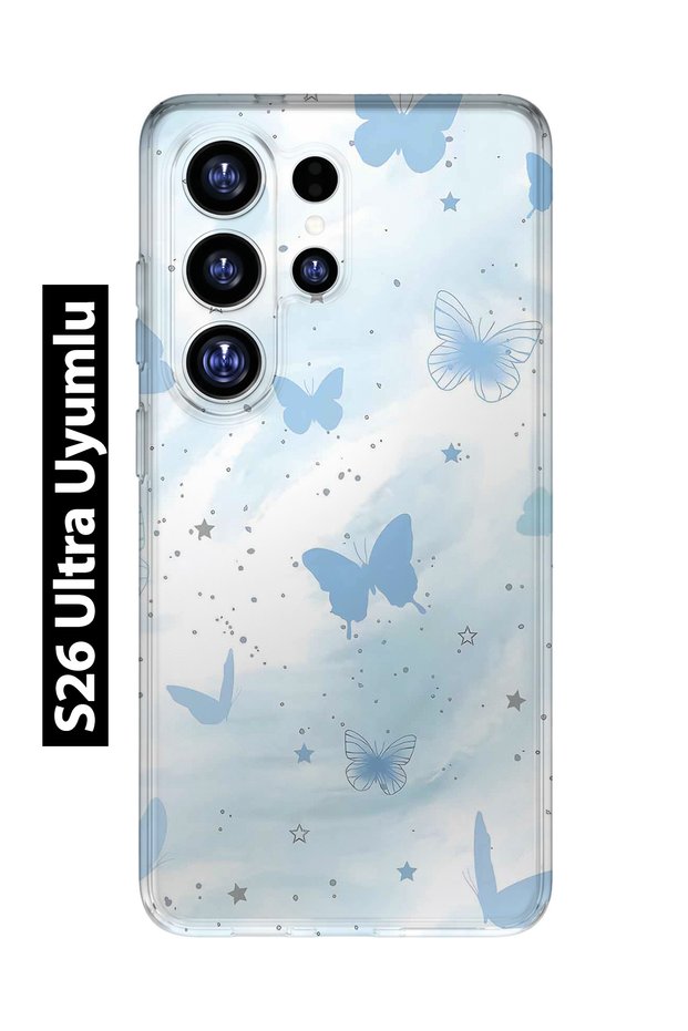 Samsung Galaxy S26 Ultra Compatible Pastel Blue Butterfly Pattern Transparent Phone Case