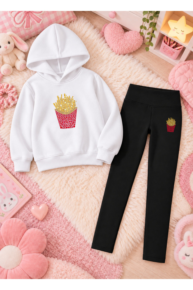 Girl's Hooded Sweatshirt, Straight-Leg Leggings Set, Printed 3-Yarn Rastered Winter Comfortable Fit Set