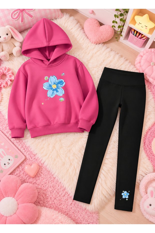 Girl's Hooded Sweatshirt, Straight-Leg Leggings Set, Printed 3-Yarn Rastered Winter Comfortable Fit Set