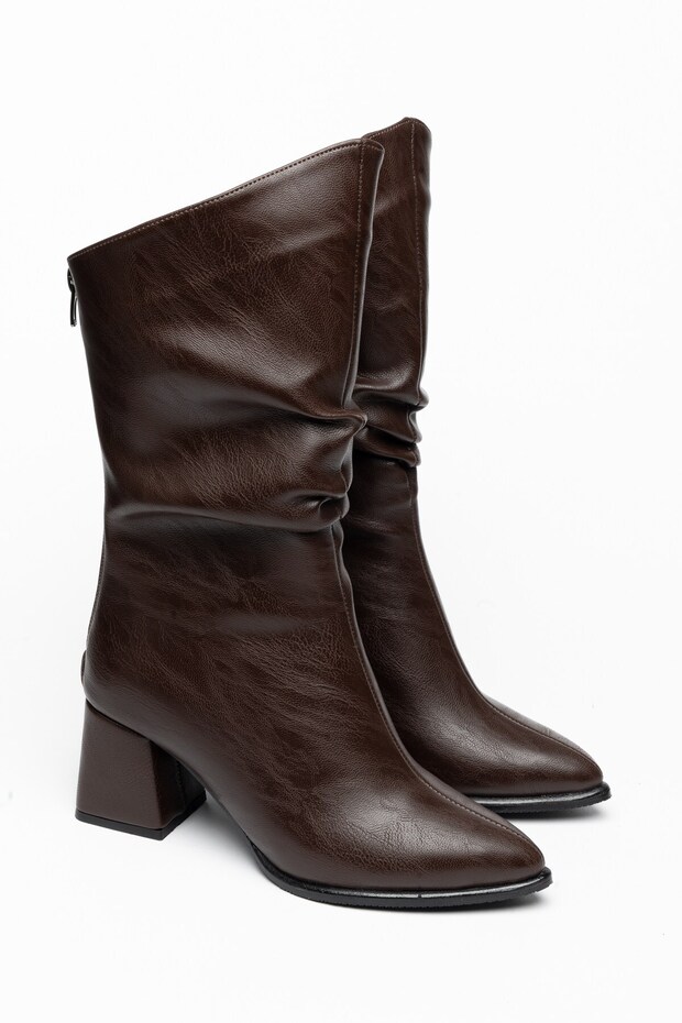 Women's Thick Heeled Short Boots Brown Drawstring Back Zipper with Stitched Front