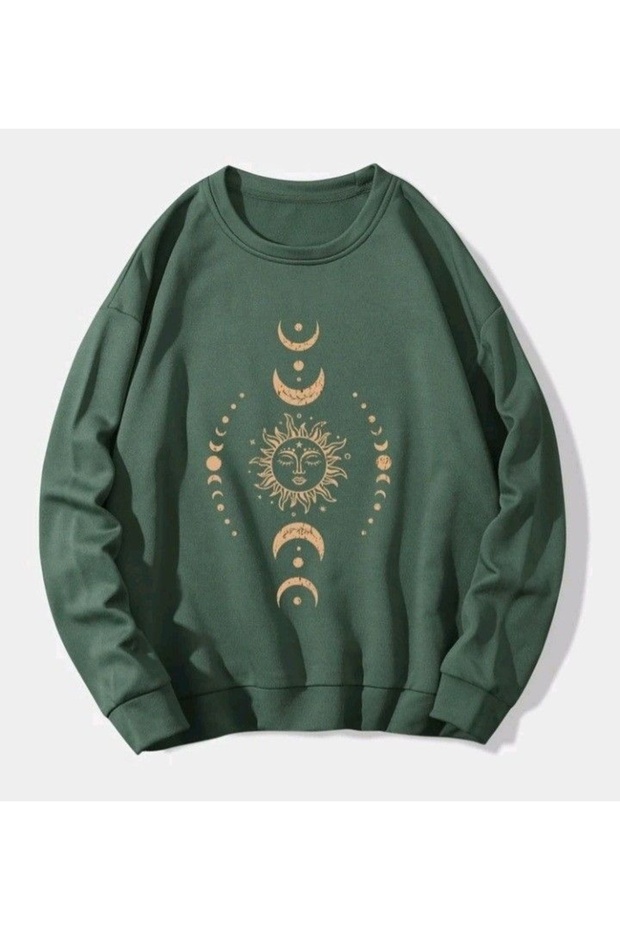 Sun Printed Cotton 3 Thread Threaded Crew Neck Oversize Sweatshirt