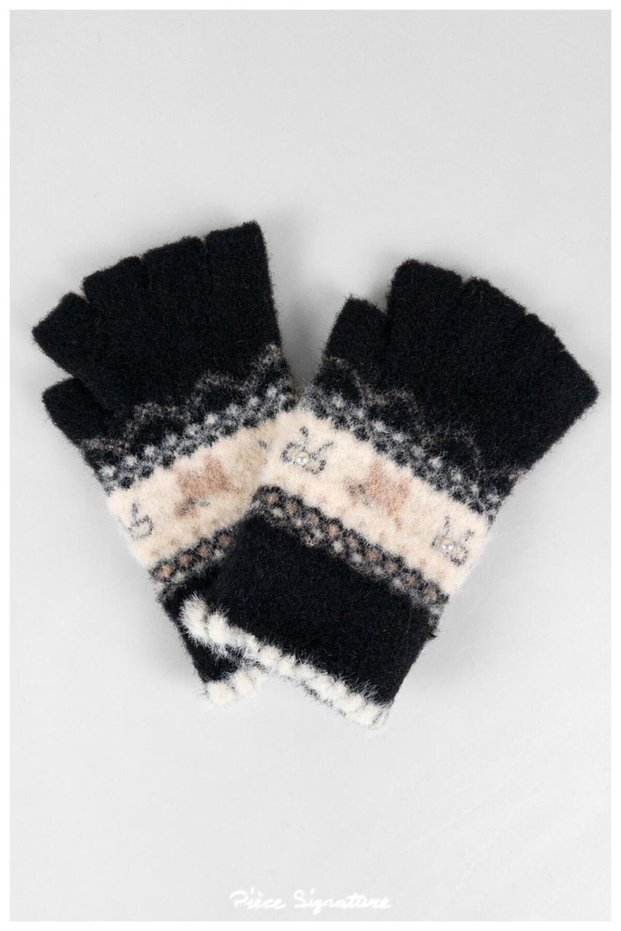 Women's Kilim Patterned Pearl Detailed Cut-Out Fingered Knitwear Gloves