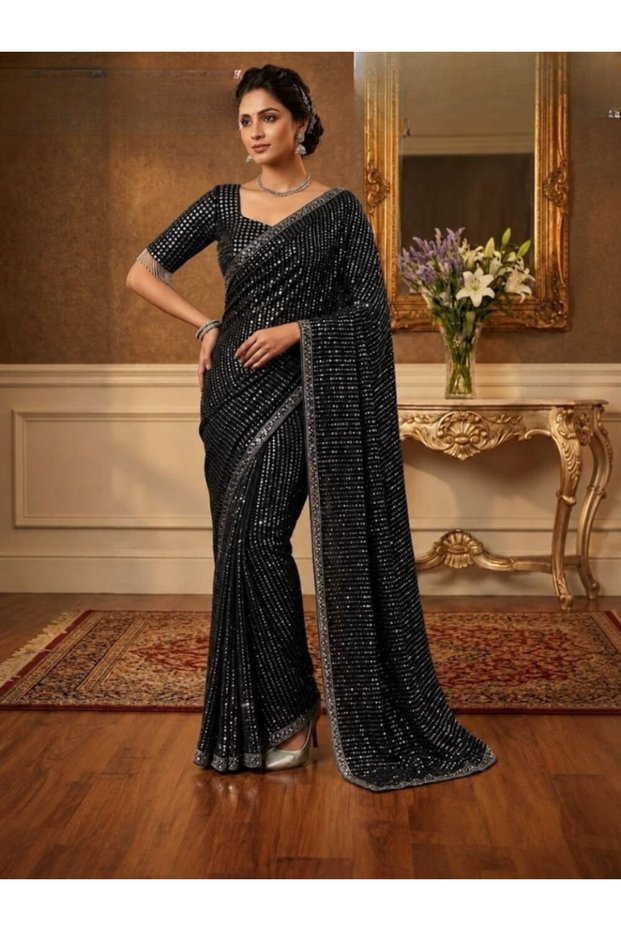 Black Faux Georgette Sequin Embroidered Saree with Blouse - FFT10003 | Black