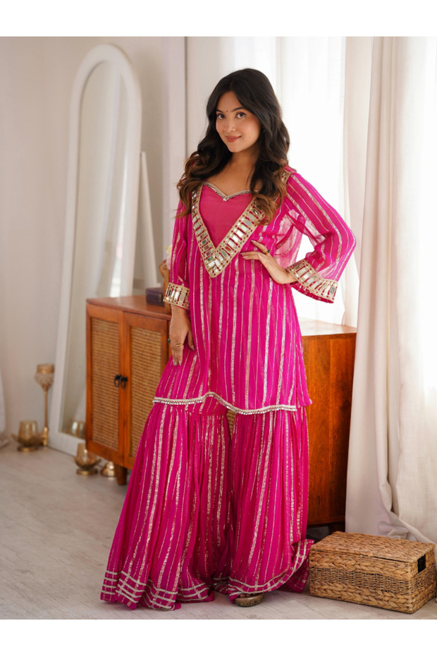 Fuchsia Pink Striped Sharara Suit Set with Mirror Work - HRT101441 | Fuchsia Pink-Size:M-38-Inches