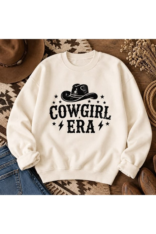Cowgirl Era Printed Cotton 3 Thread Threaded Crew Neck Oversize Sweatshirt