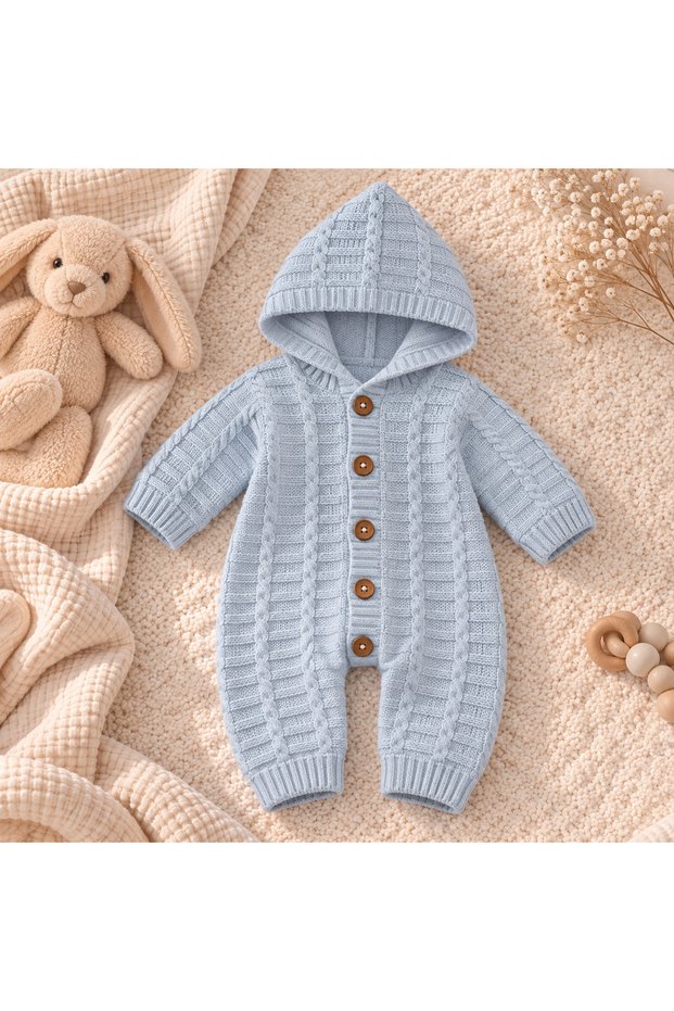 Baby Knitted and Striped Patterned Hooded Buttoned Knitwear Jumpsuit